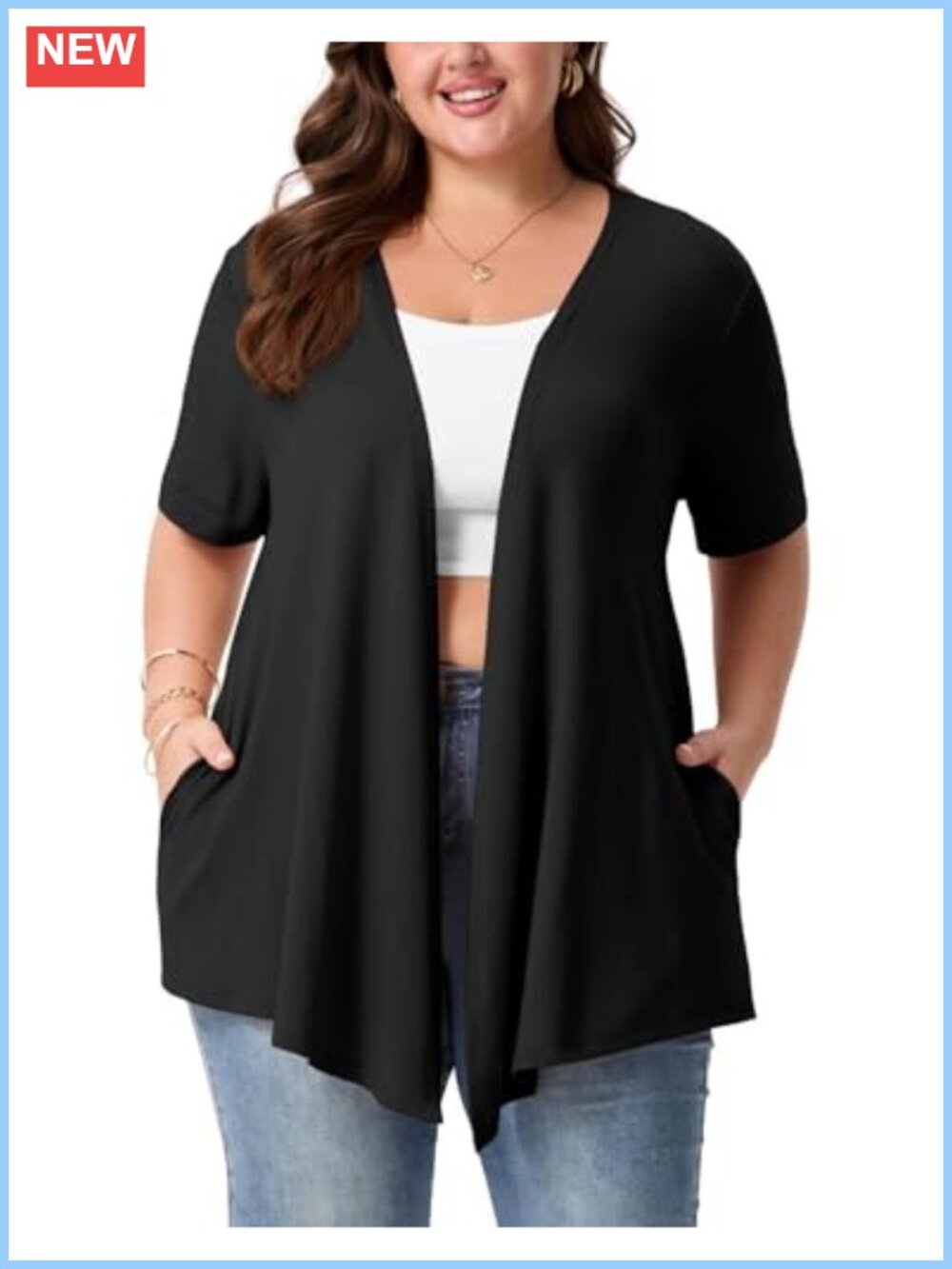 Women's Plus Size Open Front Cardigan Lightweight Short Sleeve with Pockets